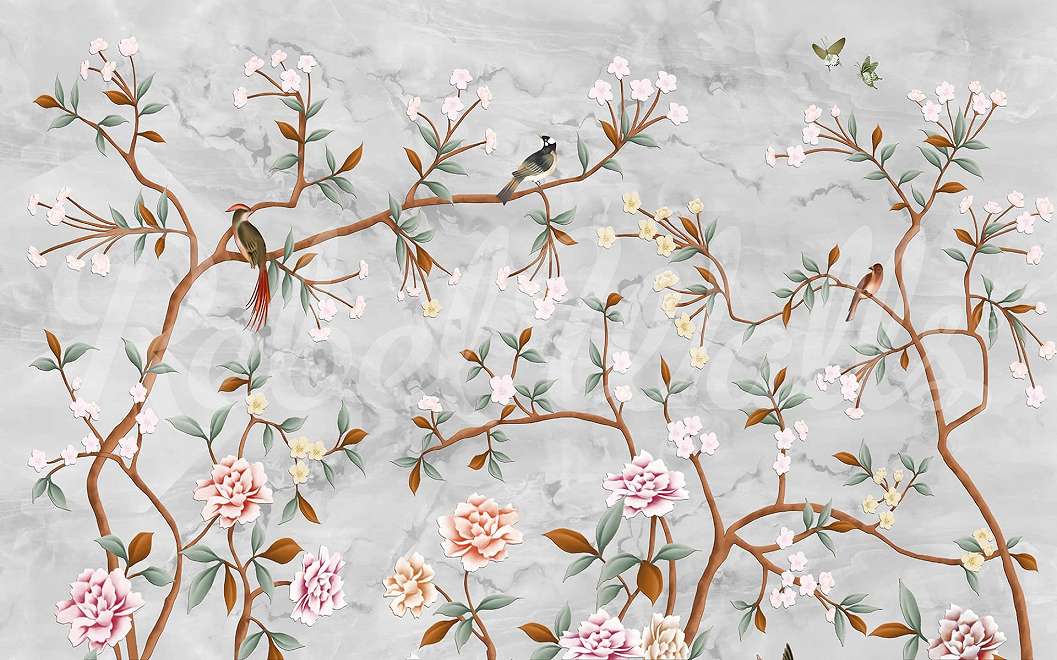 Japán stílusú madár és virágos mintás fotótapéta