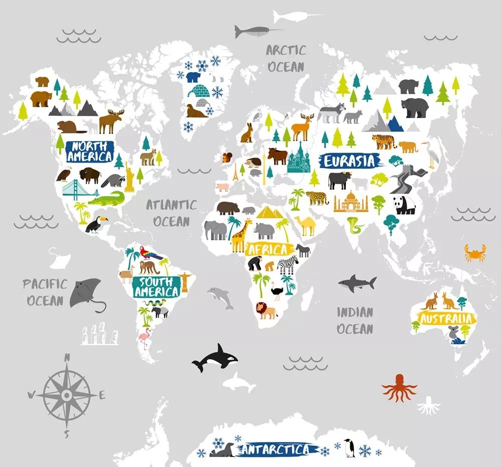 Kedves állat mintás világtérkép mintás vlies fotótapéta gyerekeknek