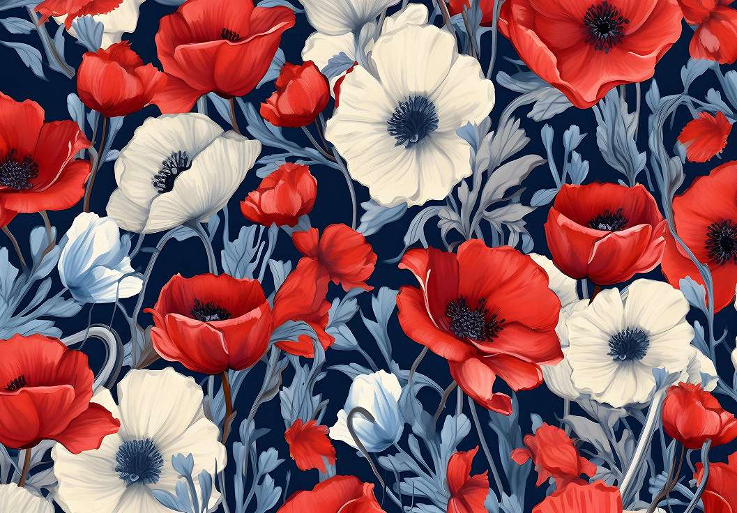 Kék és piros és szürkés fehér óriás virág mintás fotótapéta 368x254 vlies