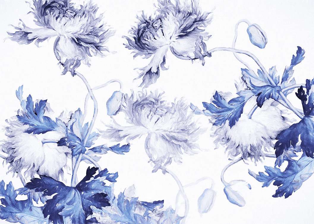 Kék virágmintás vlies fotótapéta vizfestett stílusban
