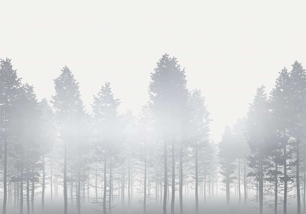 Ködös erdei táj mintás fotótapéta skandi stílusban