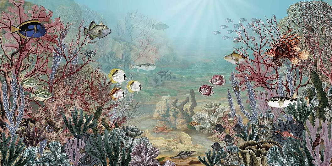 Korall zátony és különféle halak akvarell stílusban mintás design fotótapéta