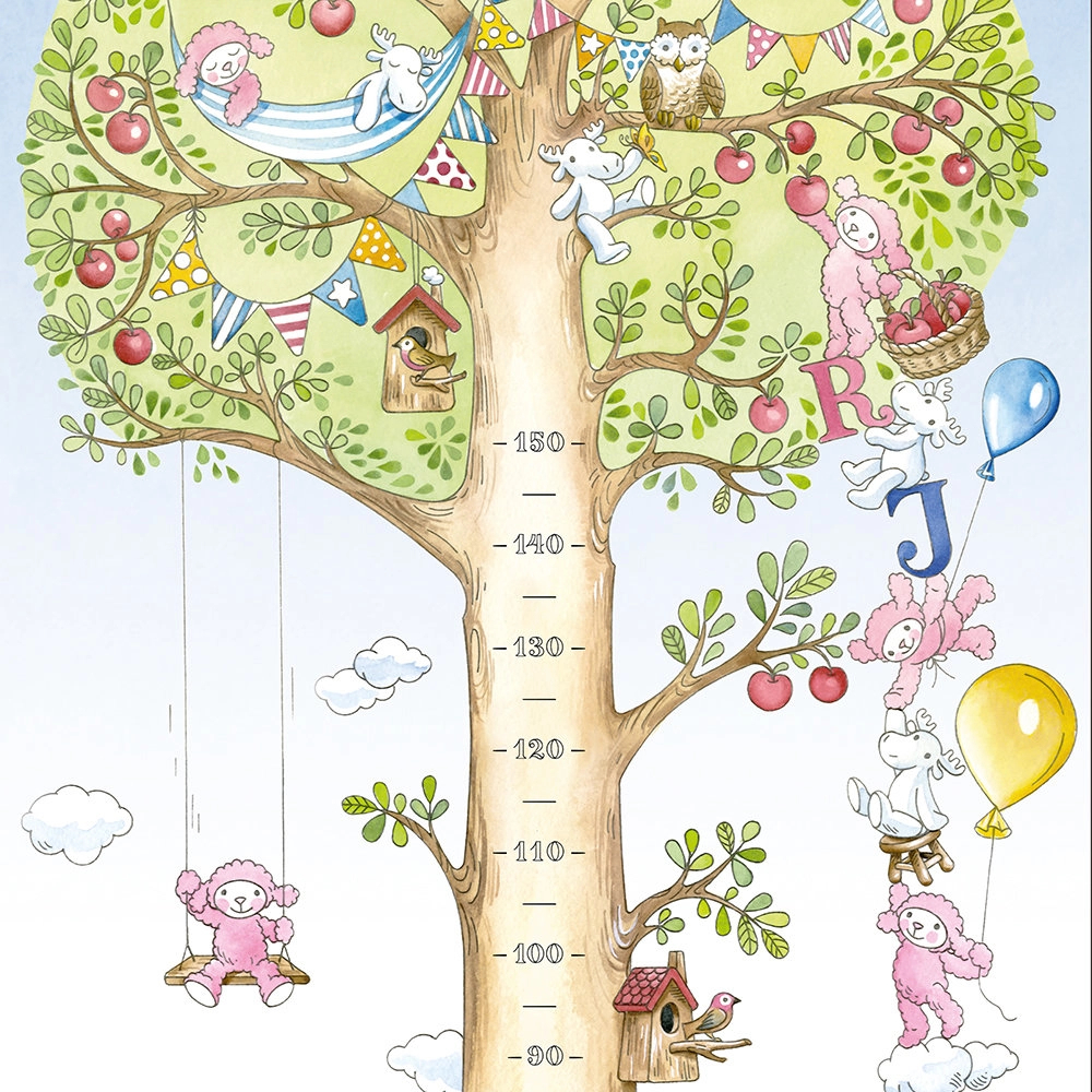 Színes állat és erdei fa mintás magasságmérős gyerekszobai posztertapéta 