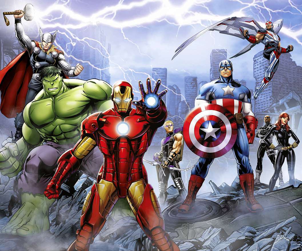 Marvel fotótapéta Képregény grafikájú Bosszúállók csoportkép New York romjain