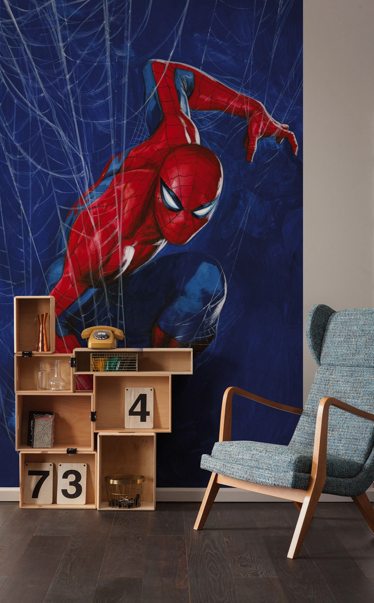 Marvel fotótapéta sötét kék színű Pókember a hálóban mintával Tini szobába