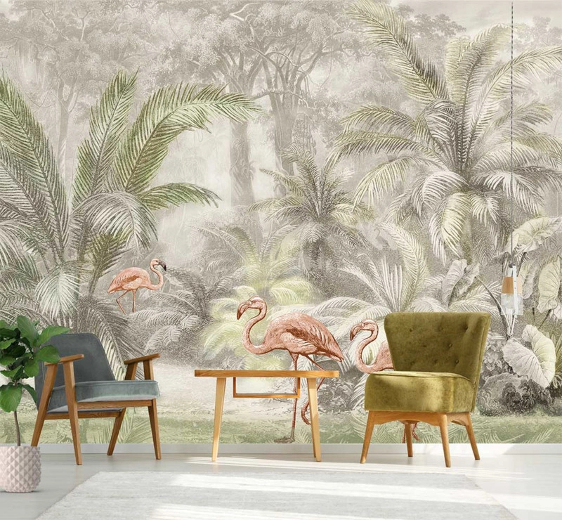 Trópusi dzsungel és flamingó mintás fali poszter absztrakt rajzolt stílusban