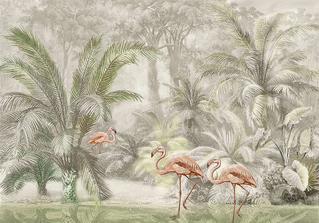 Modern dzsungel és flamingó mintás fotótapéta