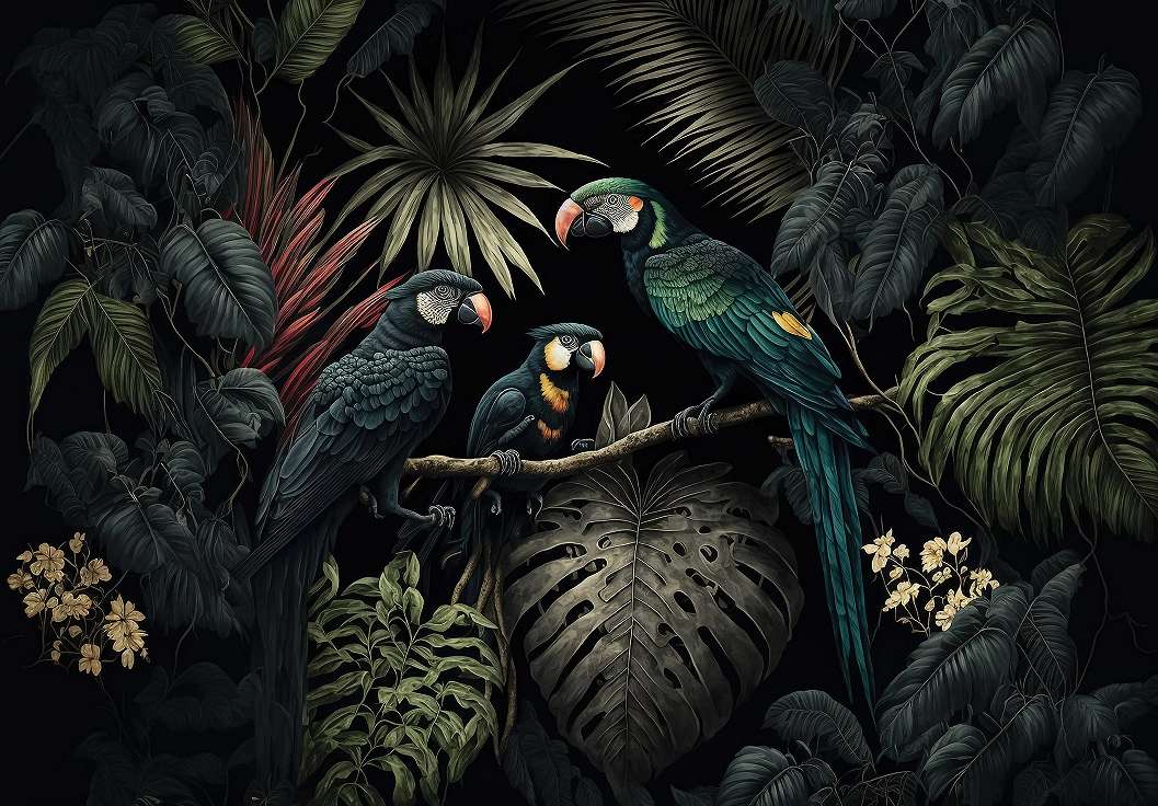 Modern dzsungel pálmalvél és papagáj mintás fotótapéta 368x254 vlies