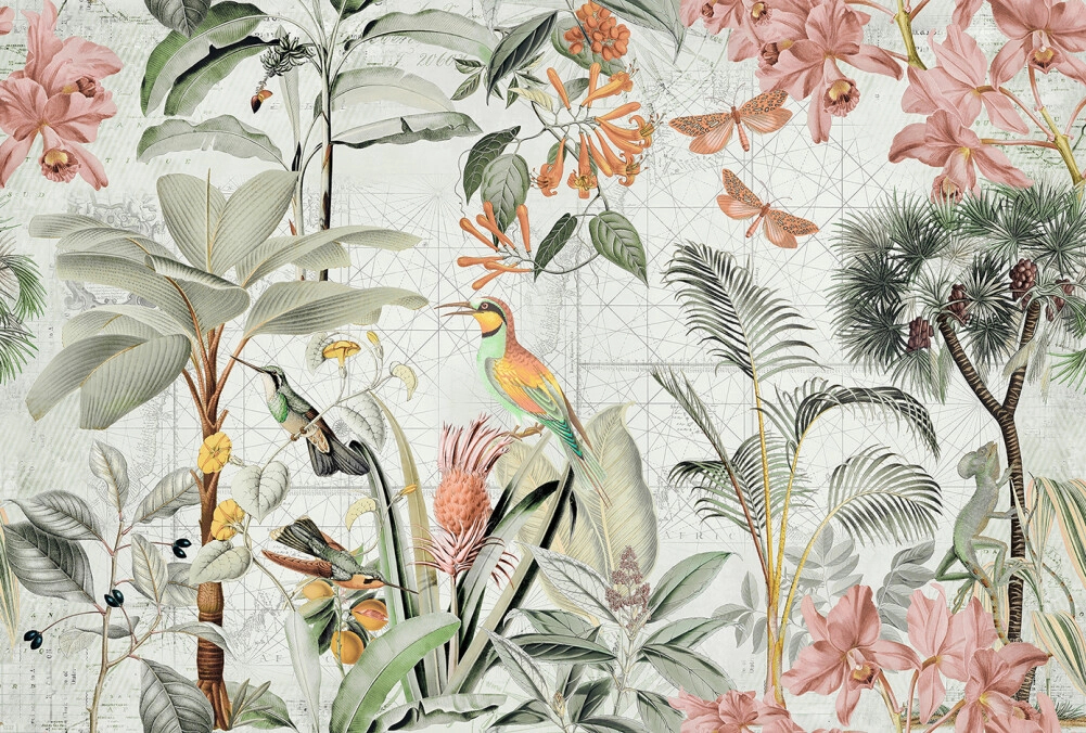 Művészi tropusi virág és madár mintás fotótapéta