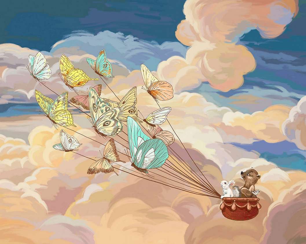 Nyuszi és maci a felhők felett pillangőkkal mintás gyerek design fotótapéta 368x254 vlies
