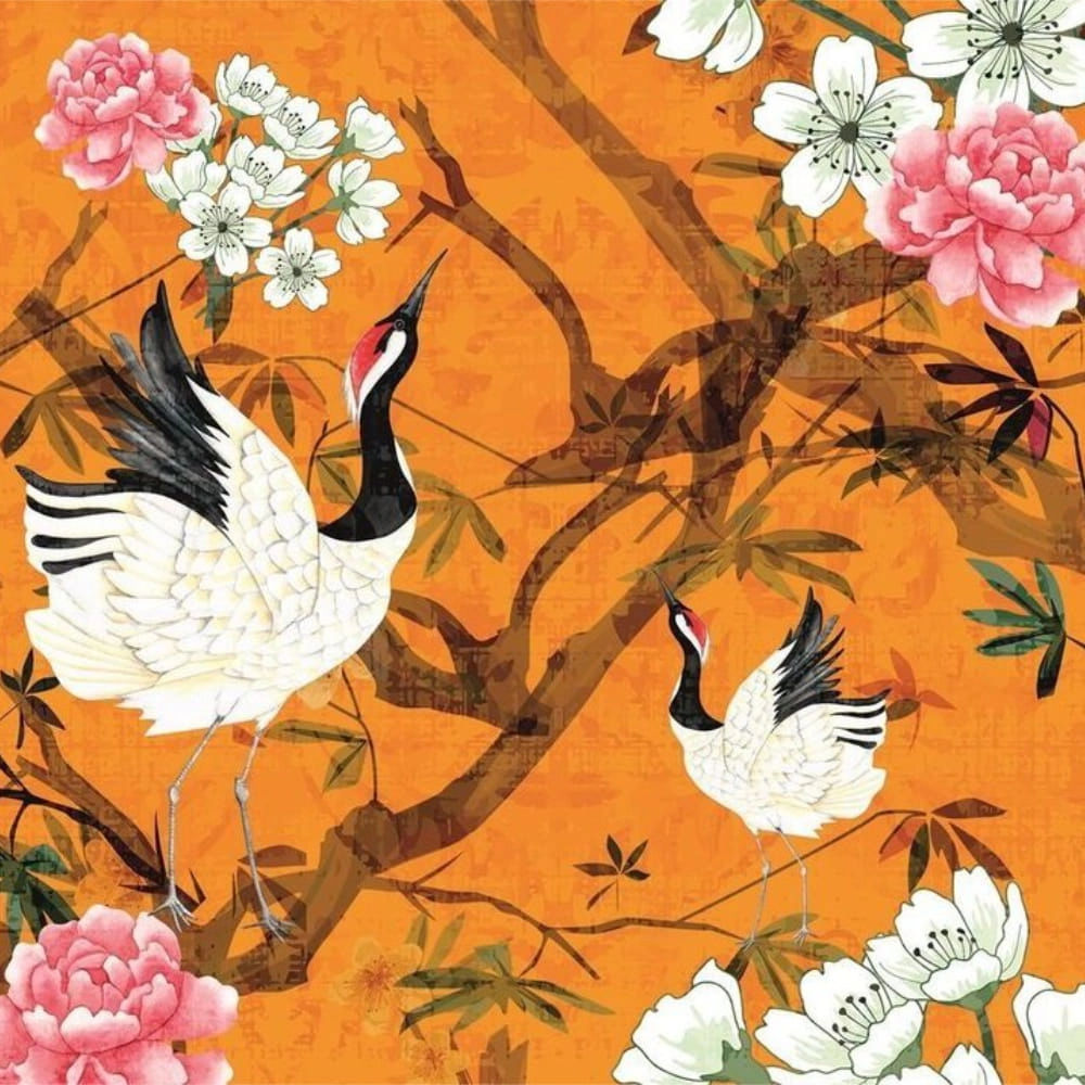 Orientális keleties stílusú virág és daru madár mintás design fotótapéta
