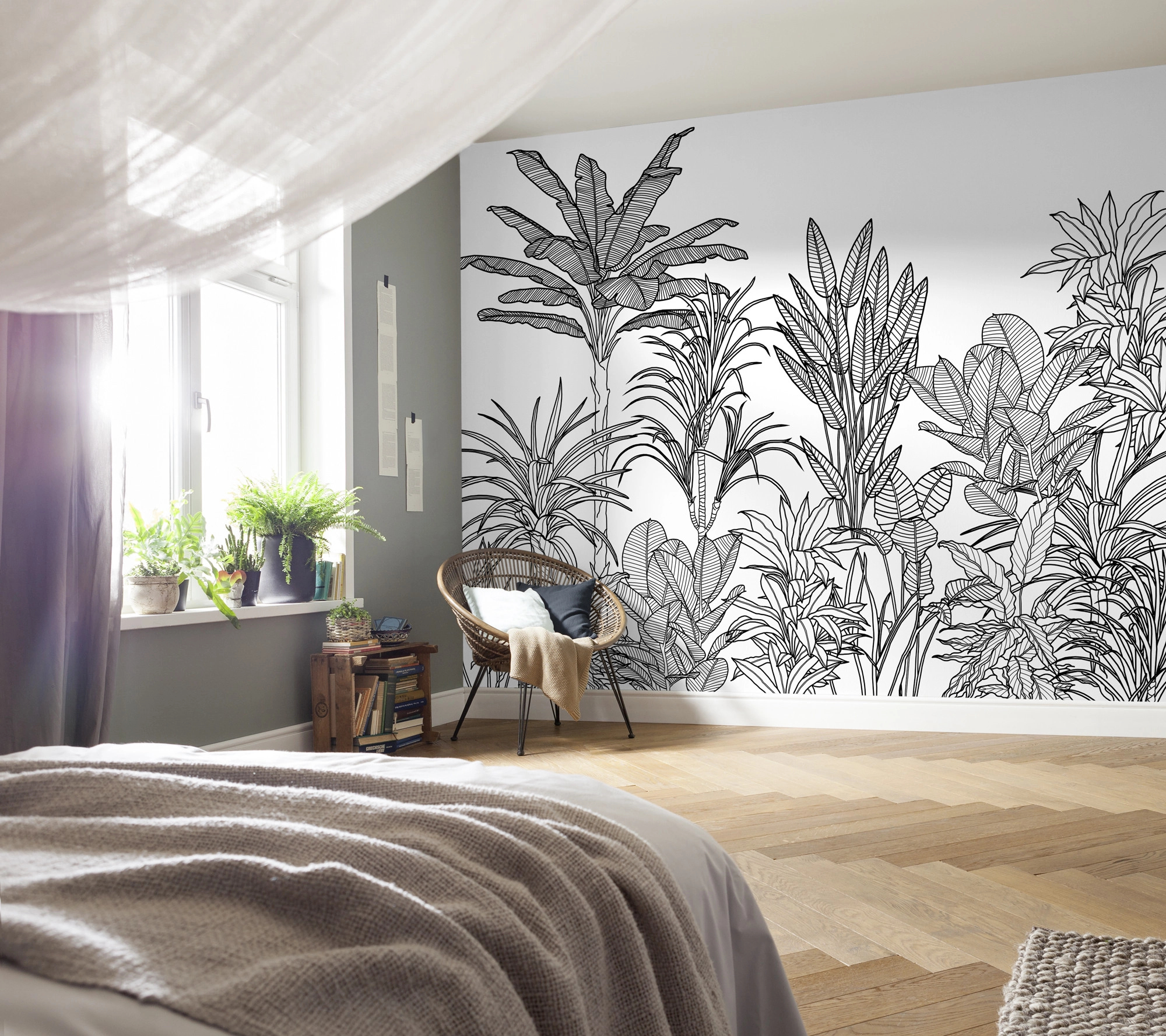 Fekete fehér modern minimál trópusi bottanikus posztertapéta pálmafa mintákkal
