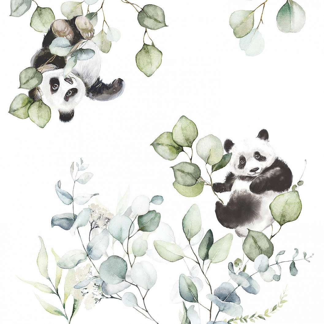 Panda és kékes zöld levél mintás gyerek fotótapéta