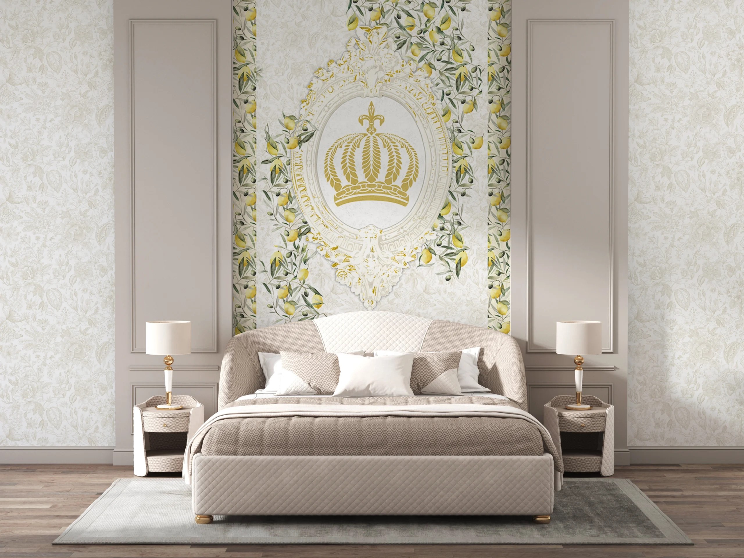 Pompöös címer és citrom mintás fotótapéta fehér háttérrel