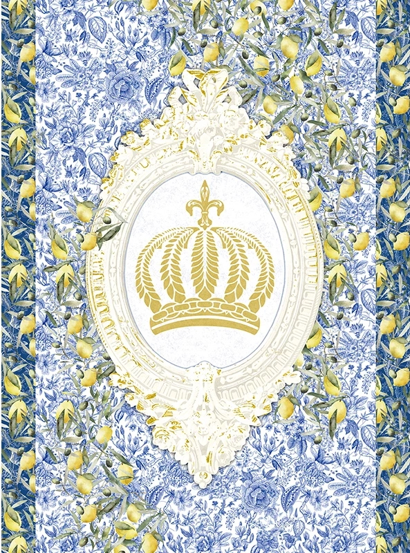 Pompöös címer és citrom mintás posztertapéta kék háttérrel