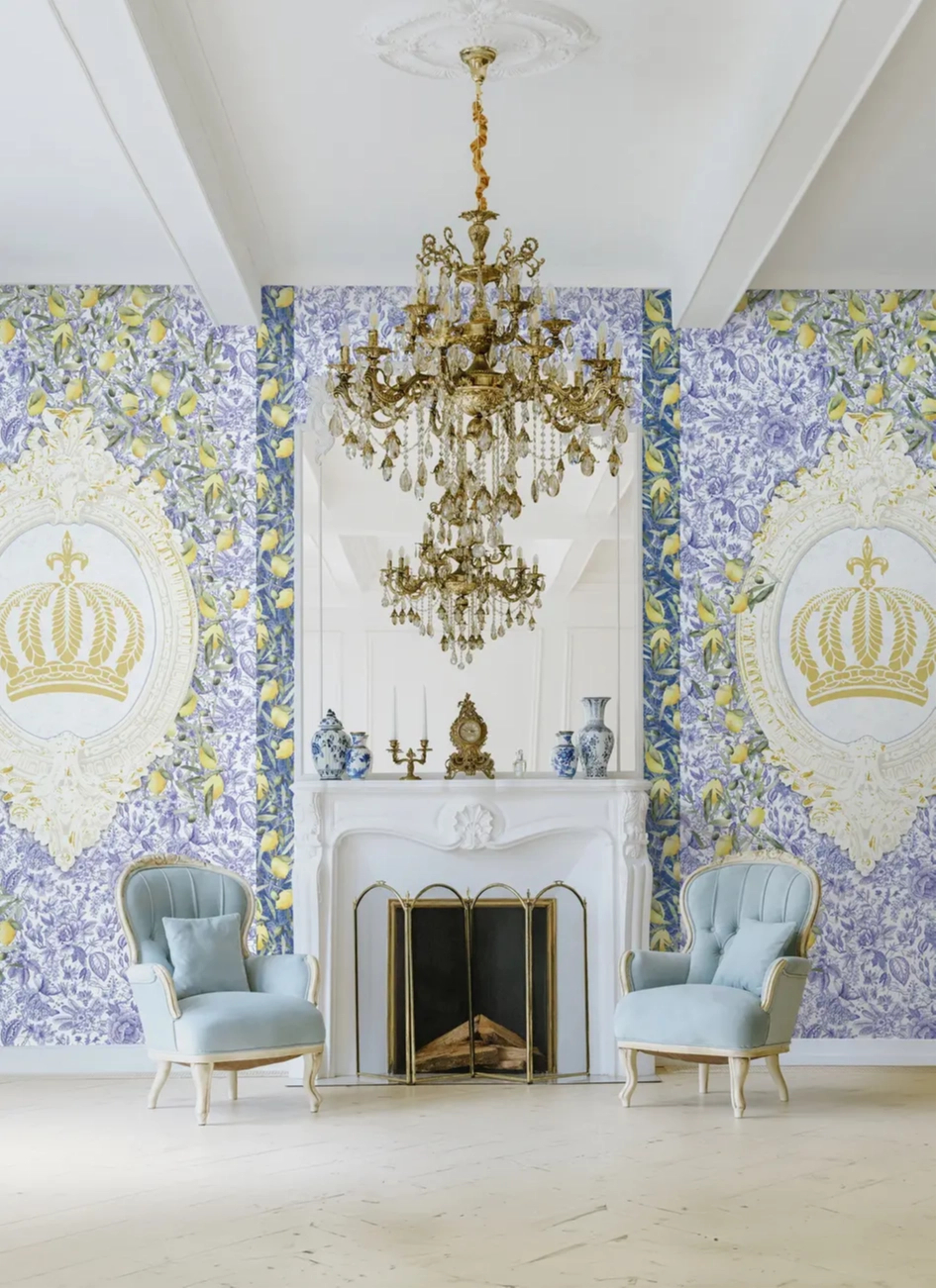 Pompöös címer és citrom mintás fotótapéta kék háttérrel