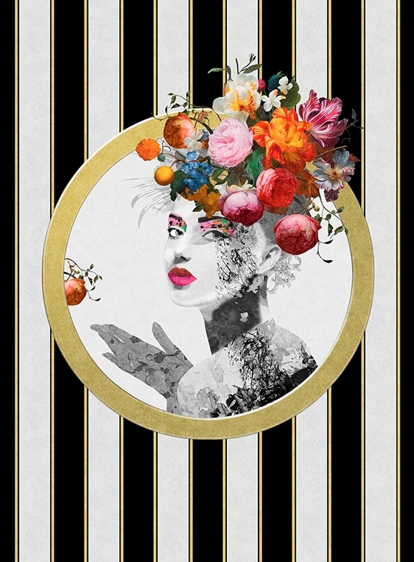 Pompöös női portré mintás posztertapéta fekete csíkos háttérrel