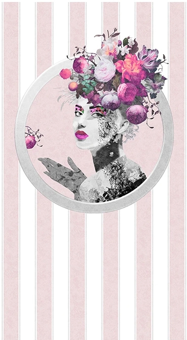 Pompöös női portré mintás posztertapéta rózsaszín csíkos háttérrel