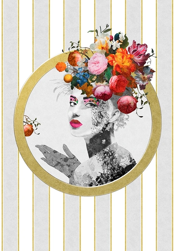 Pompöös női portré mintás posztertapéta szürke és sárga csíkos háttérrel