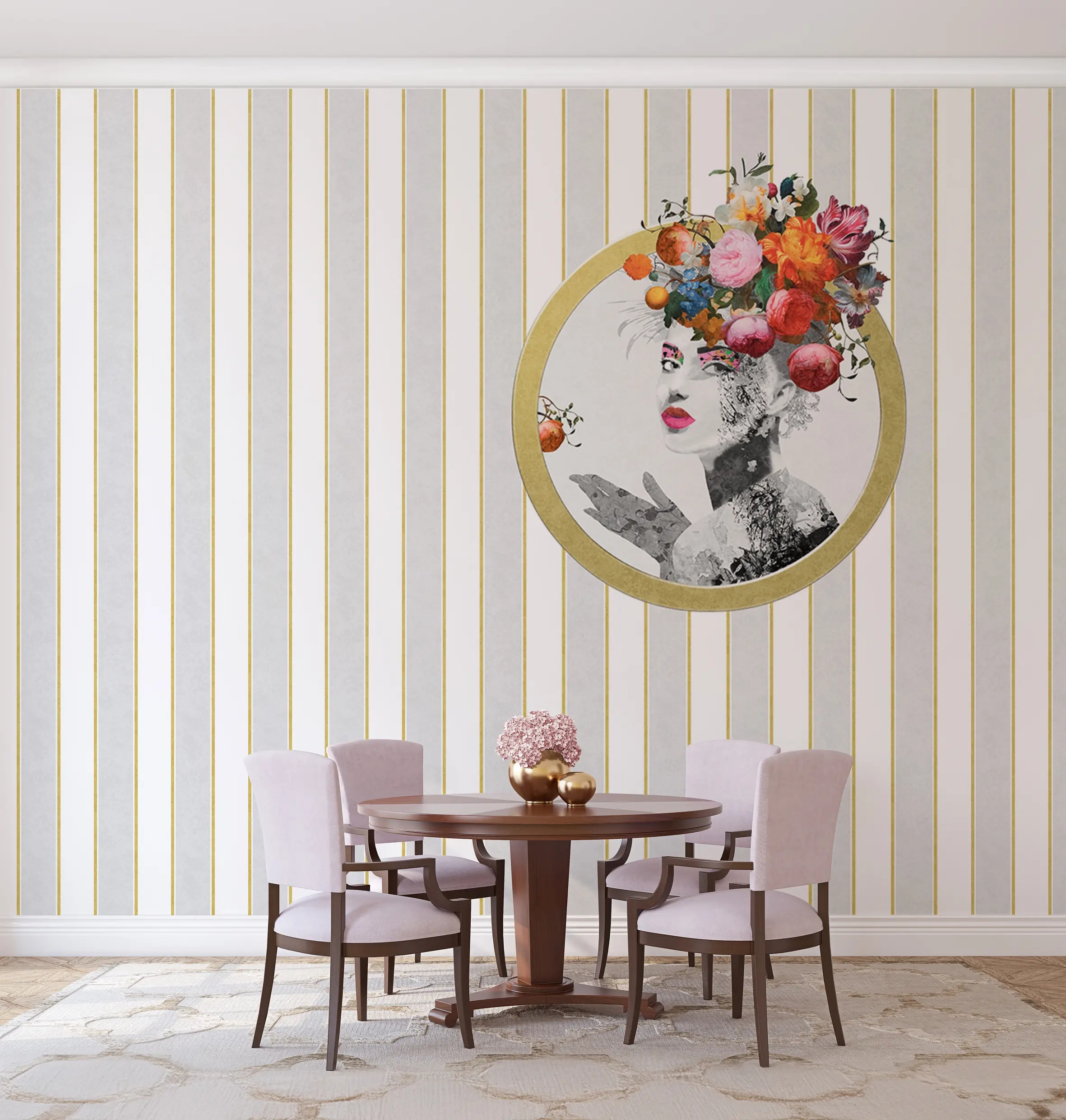 Fotótapéta Pompöös női portré szürke és sárga csíkos háttérrel