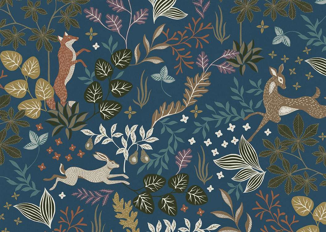 Poszter tapéta gyerekszobába rajzolt roka szarvas mintával kékes színvilágban