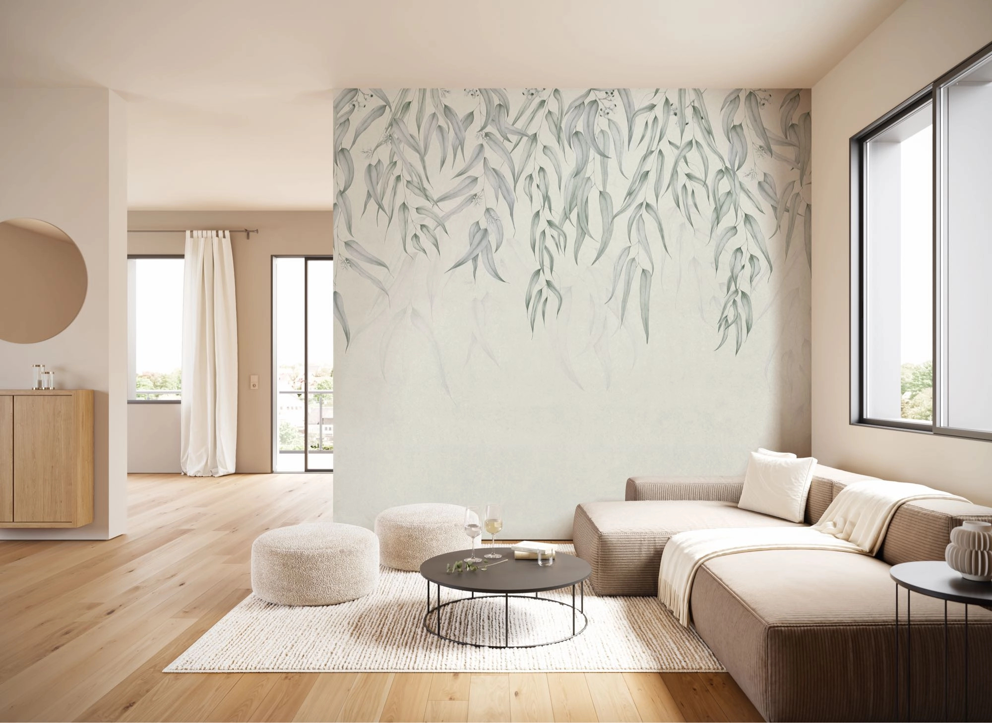 Vlies fotótapéta szürkés zöldes leomló levelek mintával