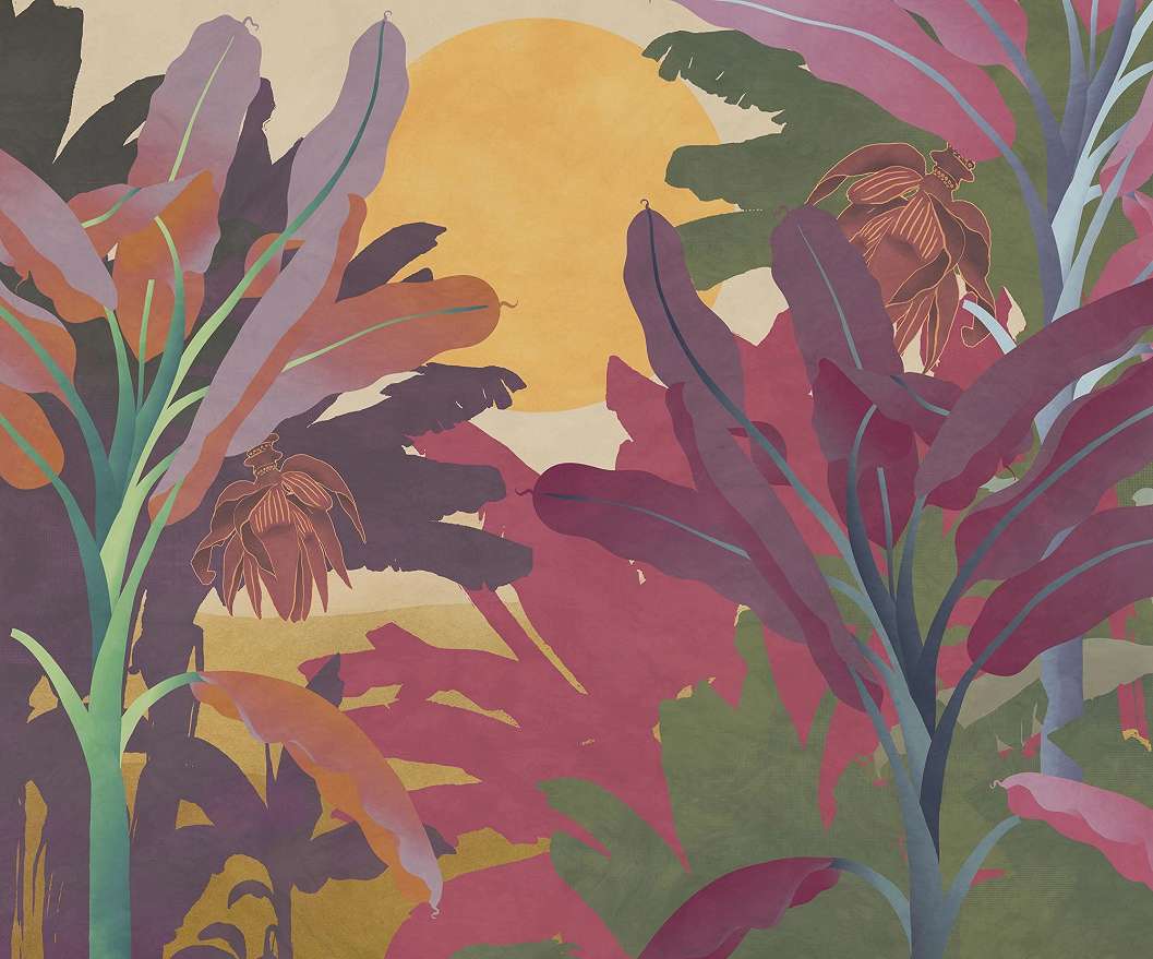 Poszter tapéta lila pálmalevél mintákkal