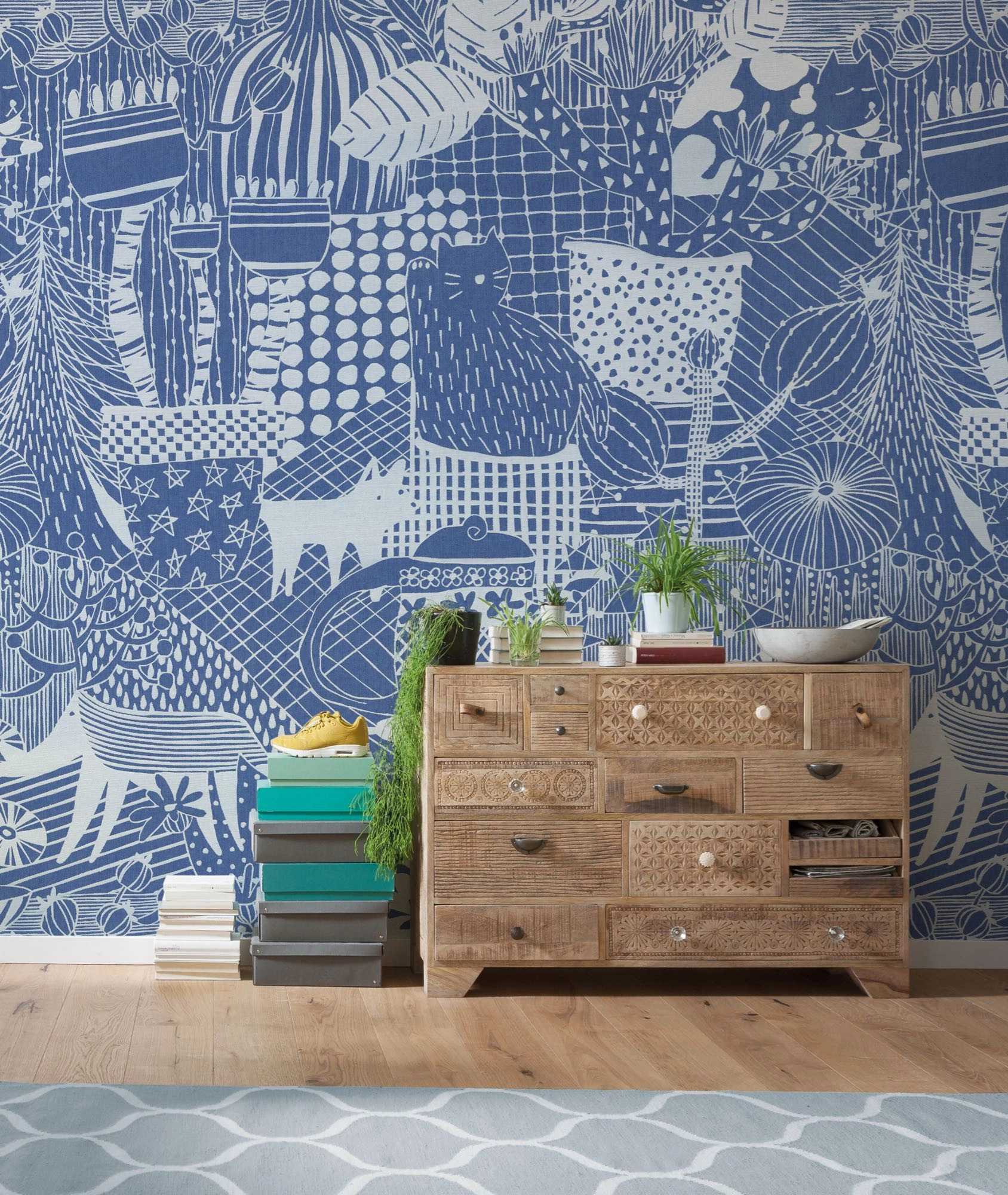 Fotótapéta kék színben rajzolt állatos mintával