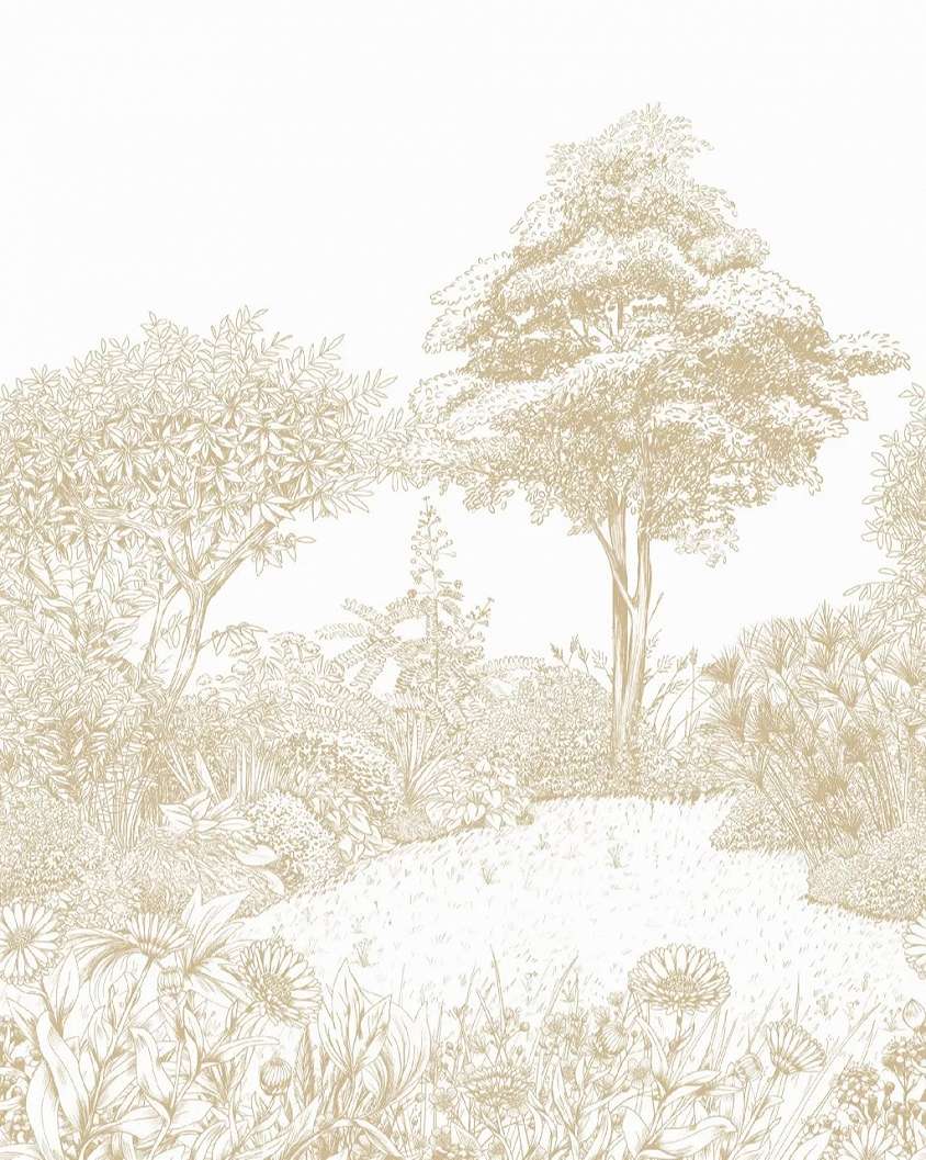 Posztertapéta beige kert virágokkal és fával mintával 200 cm x 250 cm