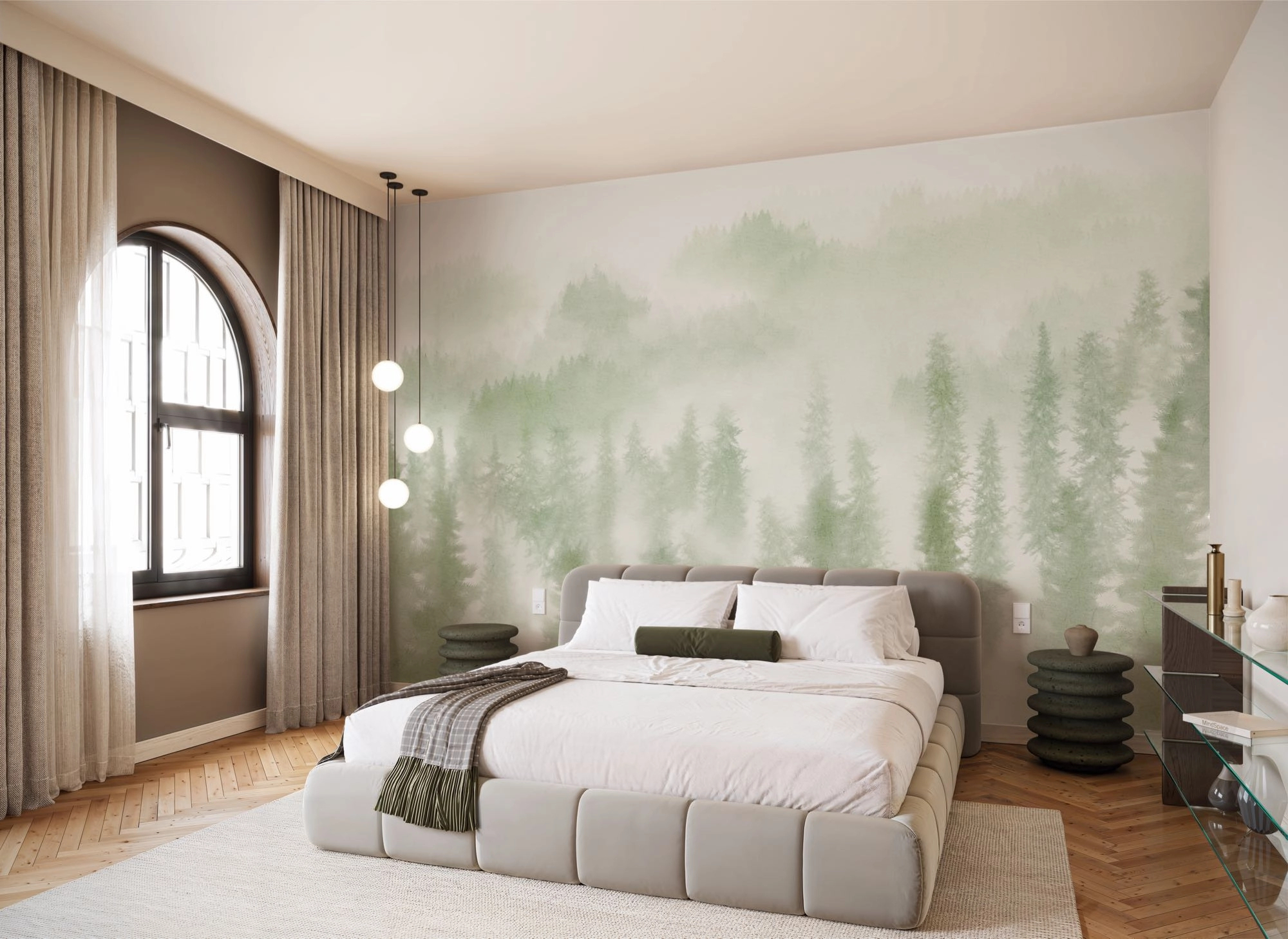 Fotótapéta ködös erdei fenyves mintával