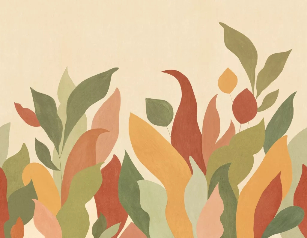 Posztertapéta nagy leveles mintával zöld és terrakotta színben 400 cm x 250 cm