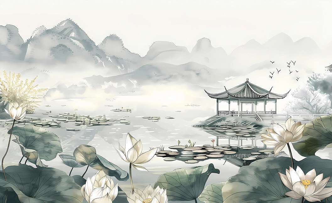 Posztertapéta pagoda a tavirózsás tavon hegyekkel körülvéve 368x254 vlies