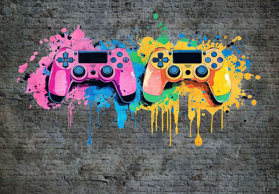 Posztertapéta PlayStation kontrollerek graffiti stílusban sötét szürke háttéren 368x254 vlies