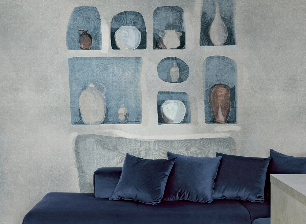 Posztertapéta polc vázákkal mintával fémes hideg színekben