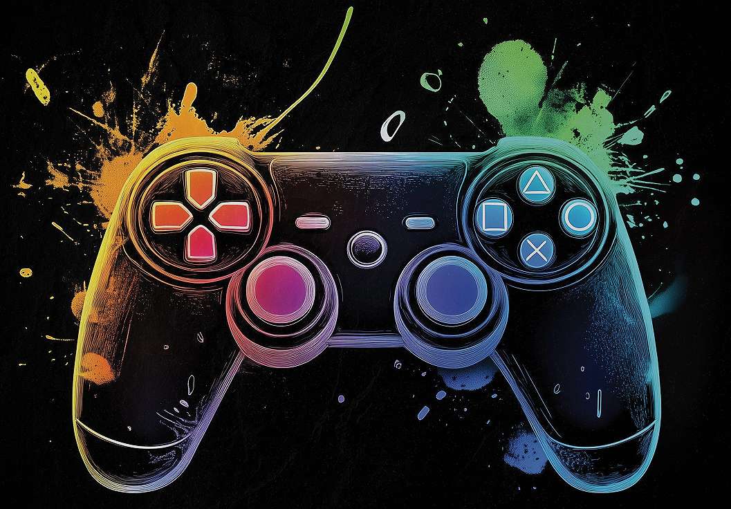 Posztertapéta színes Play Station joystick festék foltokkal 368x254 vlies