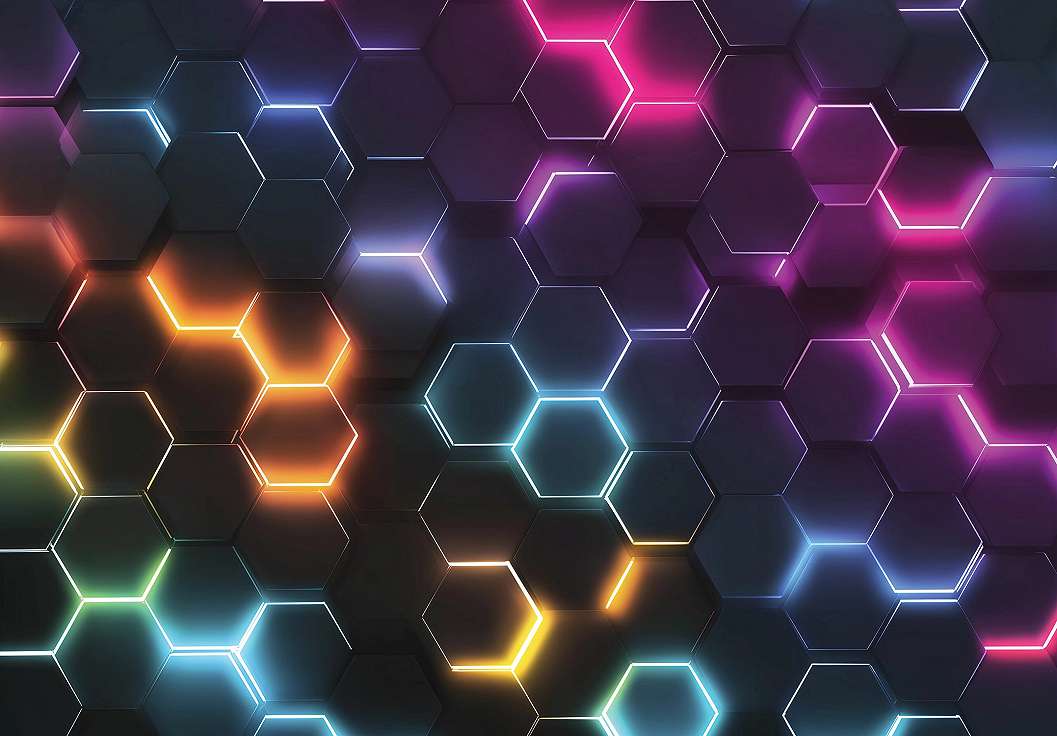 Posztertapéta szines világító hatszög mintával 368x254 vlies
