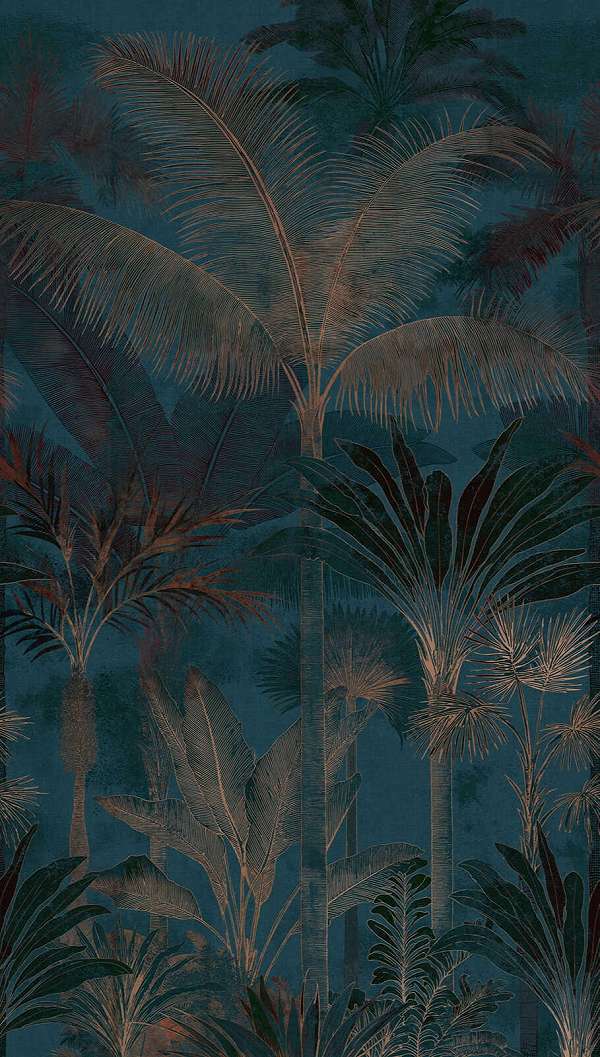 Posztertapéta trópusi erdő mintával metálos bronz és kék színben