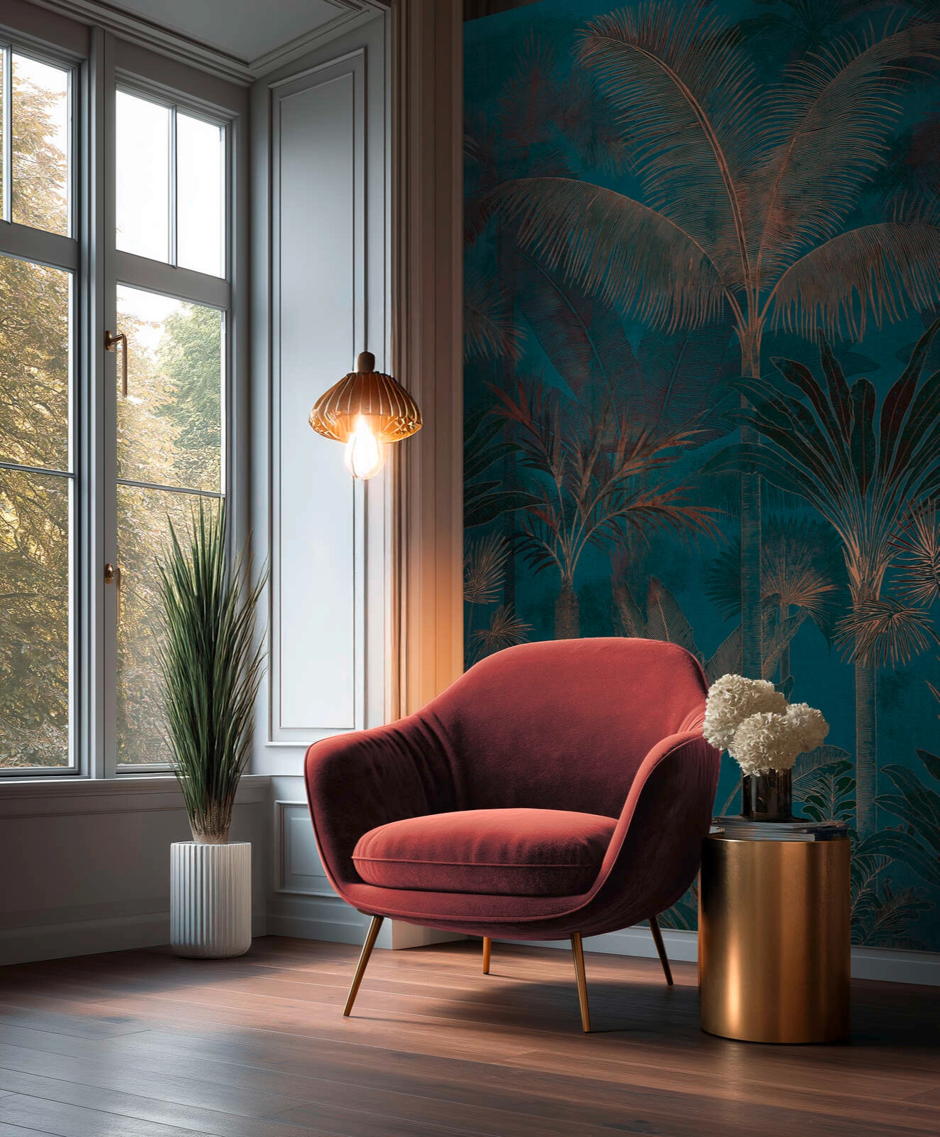 Fotótapéta pálmaerdő mintával vinyl metálos bronz és kék színben