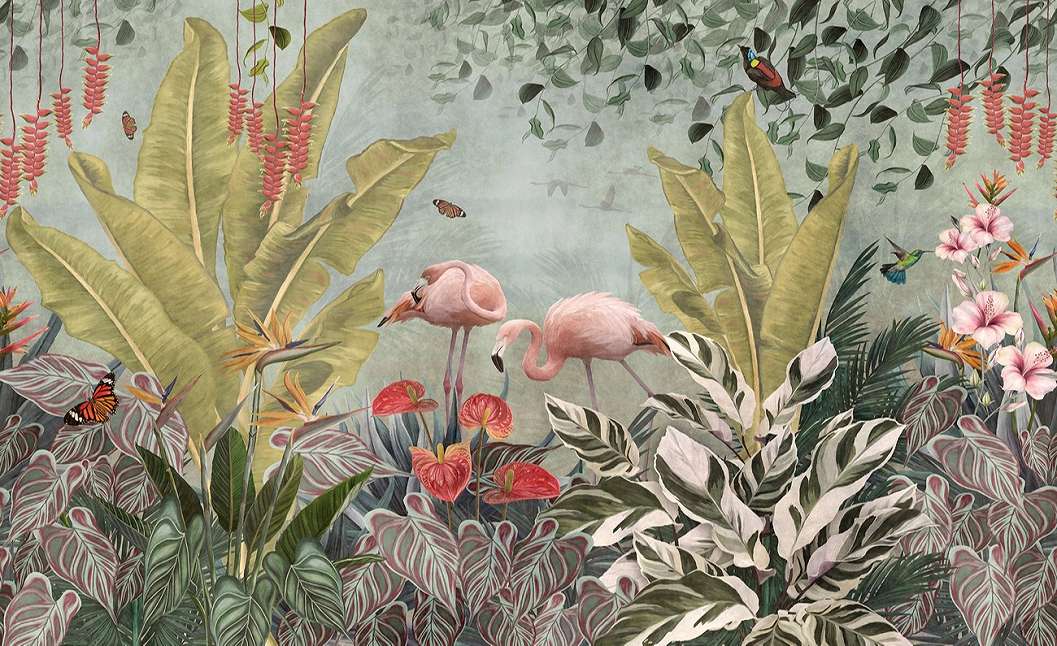 Posztertapéta trópusi növények és flamingó mintás vintage stílusú 368x254 vlies