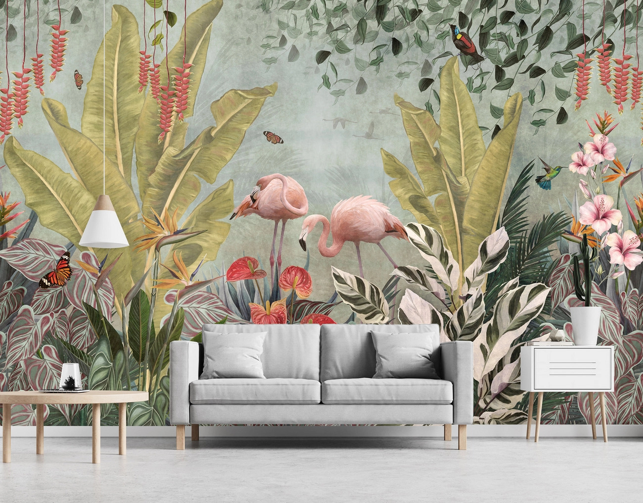 Fotótapéta vintage stílusban flamingó és trópusi növény mintával 368x254 vlies