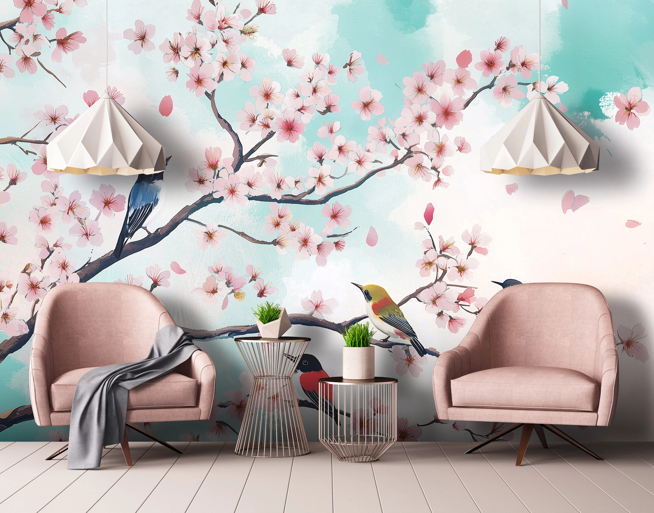 Fotótapéta virágzó cseresznyefa madarakkal mintával 368x254 vlies