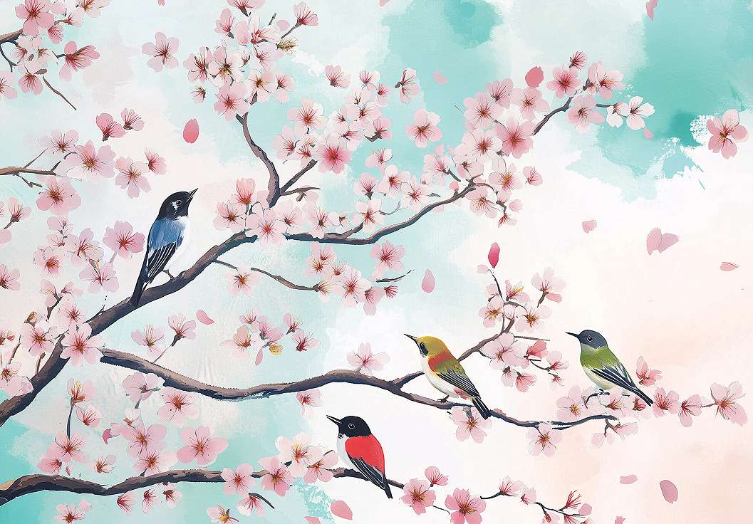 Posztertapéta virágzó sakurafa énekesmadarakkal mintával 368x254 vlies