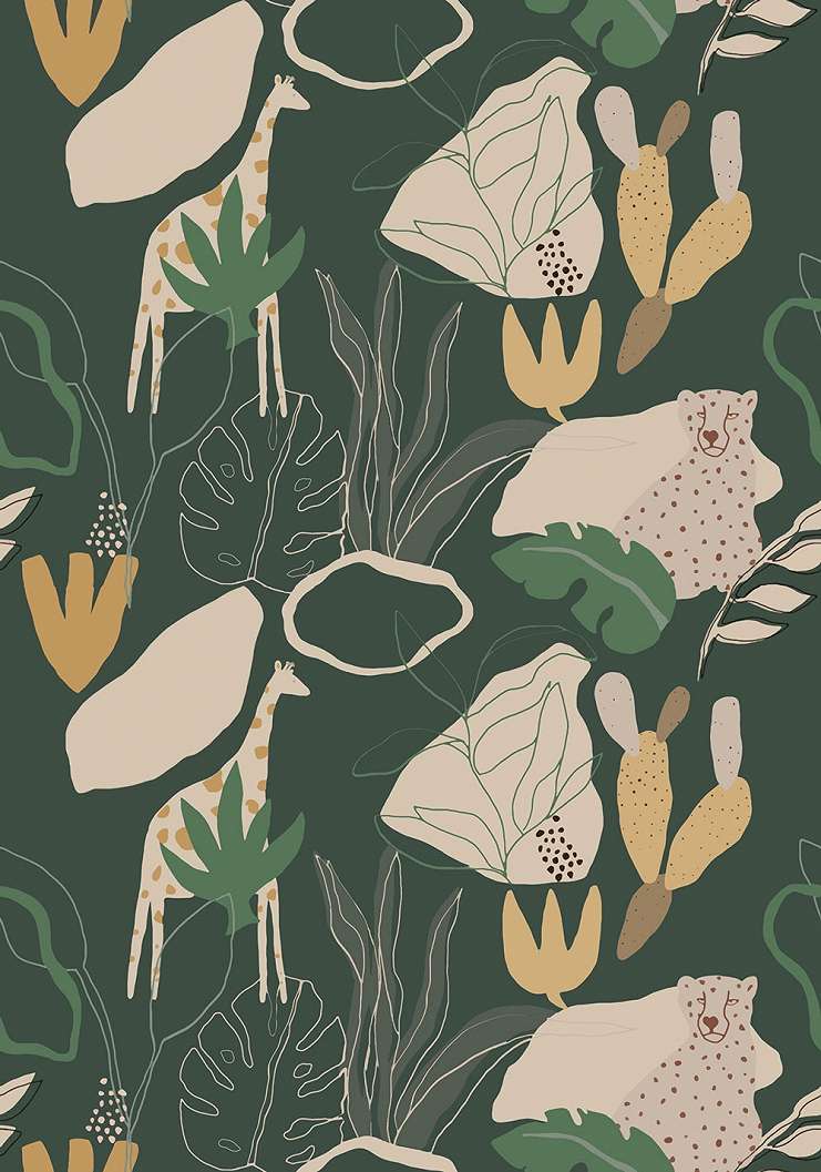 Rajzolt stílusú gyerek posztertapéta állat és levél mintával zöld háttéren
