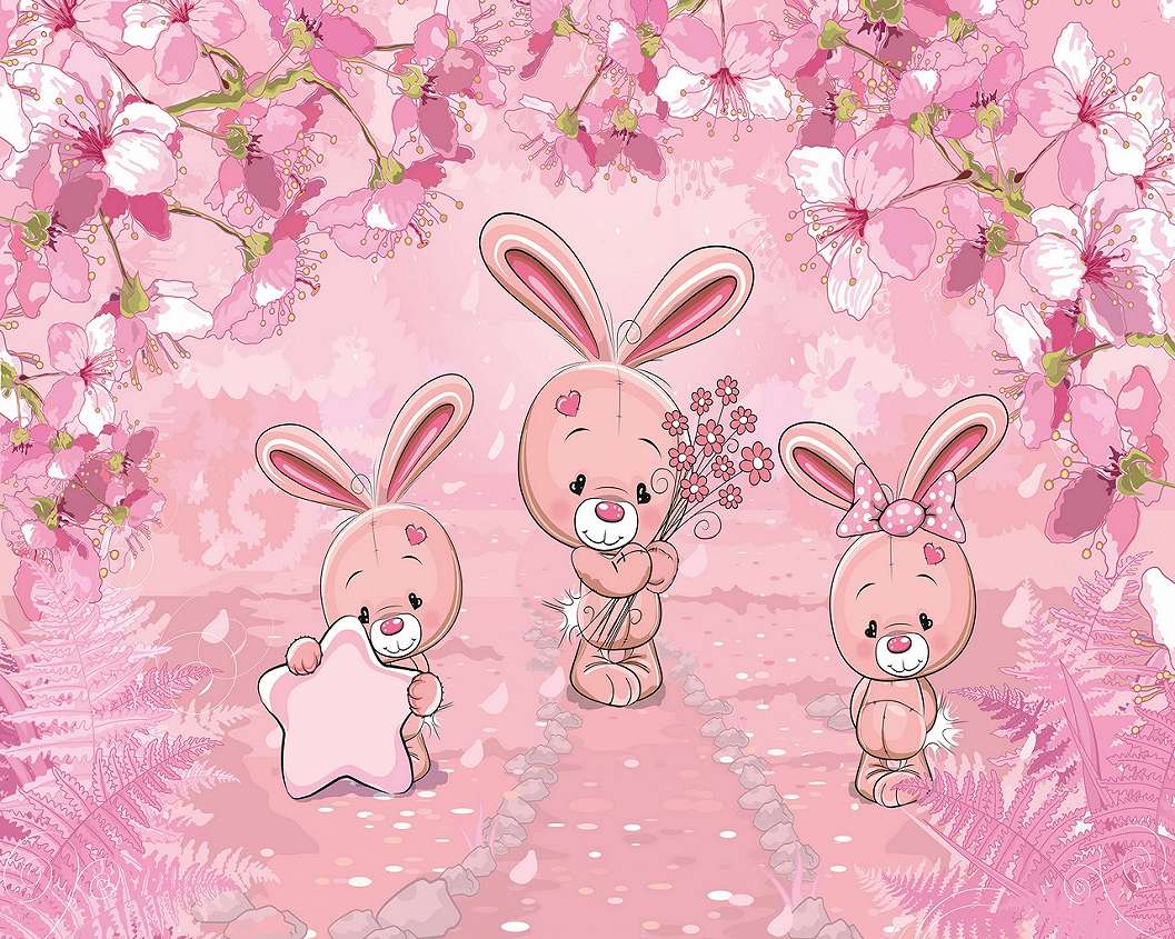 Rózsaszín nyuszi és virág mintás gyerek design fotótapéta 368x254 vlies