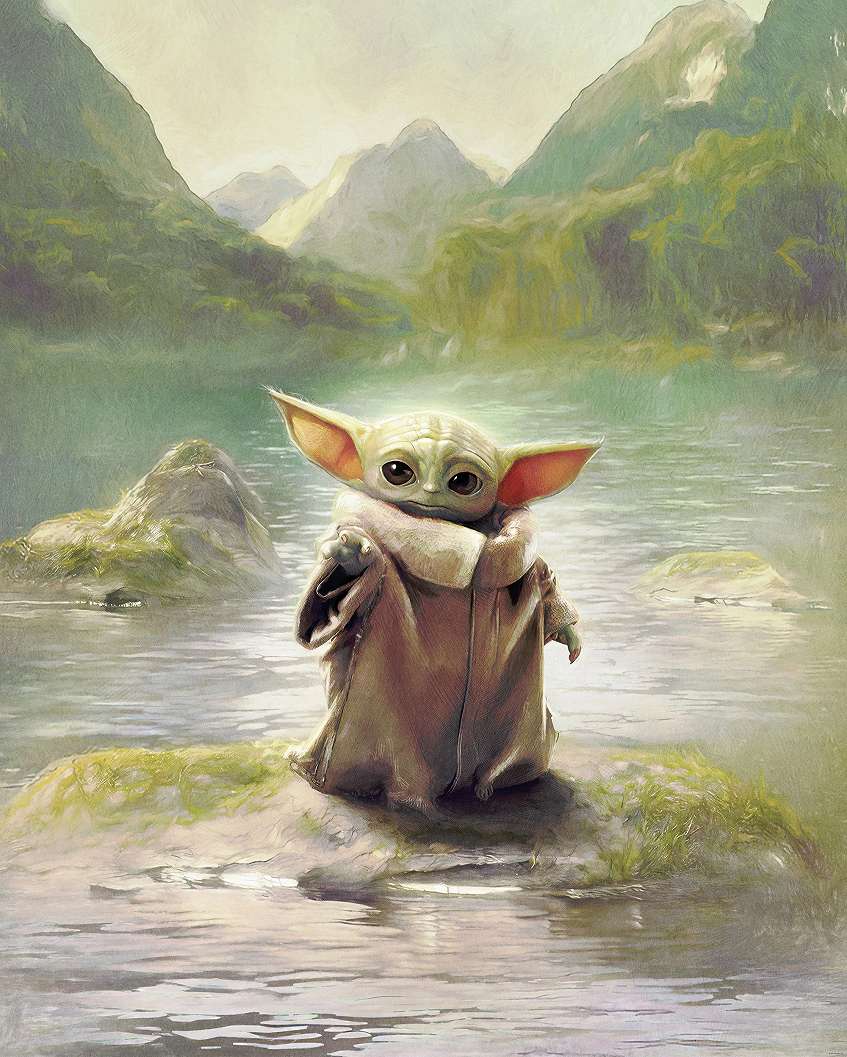 Star Wars fotótapéta Grogor landolása a Mandalorianon festett hatású tavi tájképpel