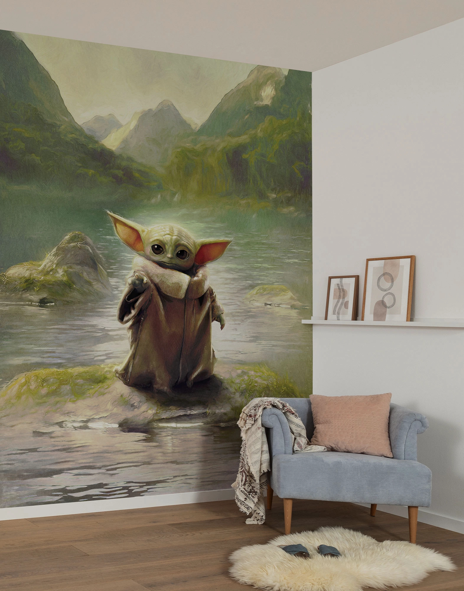 Star Wars fotótapéta Grogu landolása a Mandalorianon festett hatású tavi tájképpel