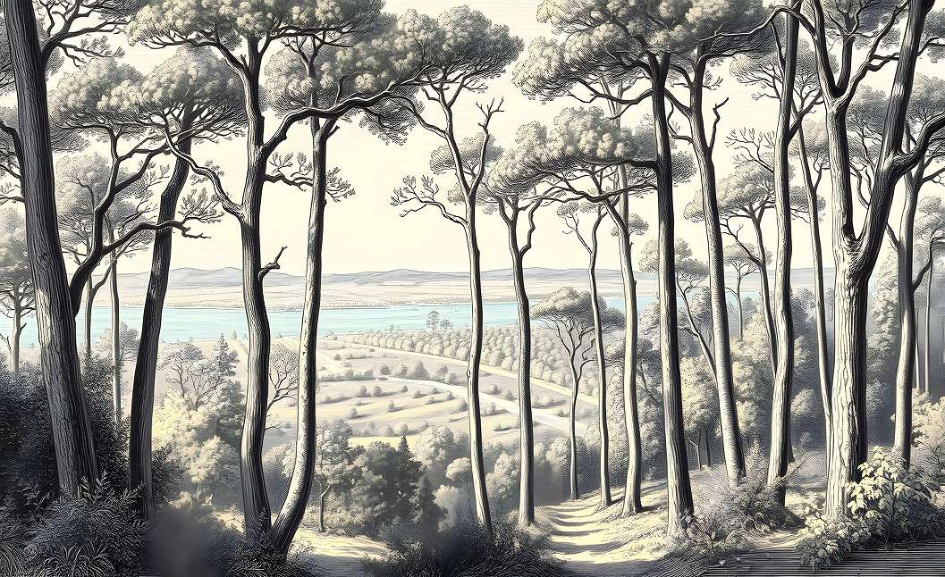 Stilizált posztertapéta magas ciprus fák mögötti mediterrán tájképpel 368x254 vlies