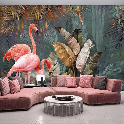 Trópusi botanikus és flamingó mintás modern fotótapéta 368x254 vlies