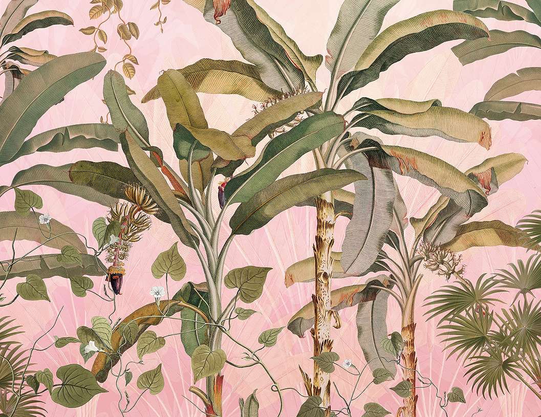 Trópusi botanikus mintás fotótapéta pasztell rózsaszín alapon