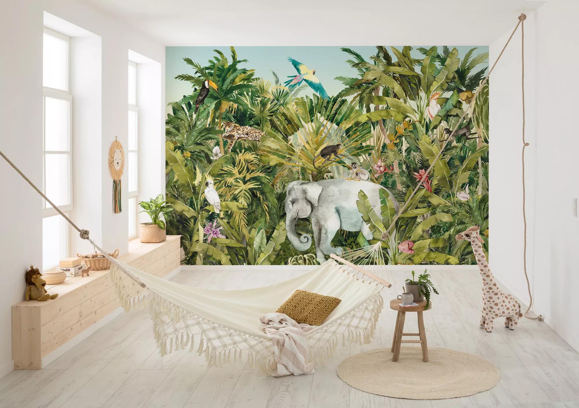 Akvarell hatású dzsungel és elefánt mintás fali poszter